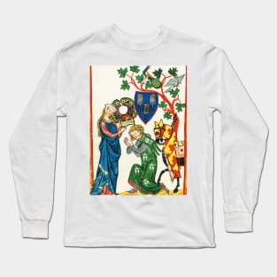 KNIGHT BEING ARMED BY HIS LADY ,MEDIEVAL MINIATURE WITH WILD ROSES Long Sleeve T-Shirt